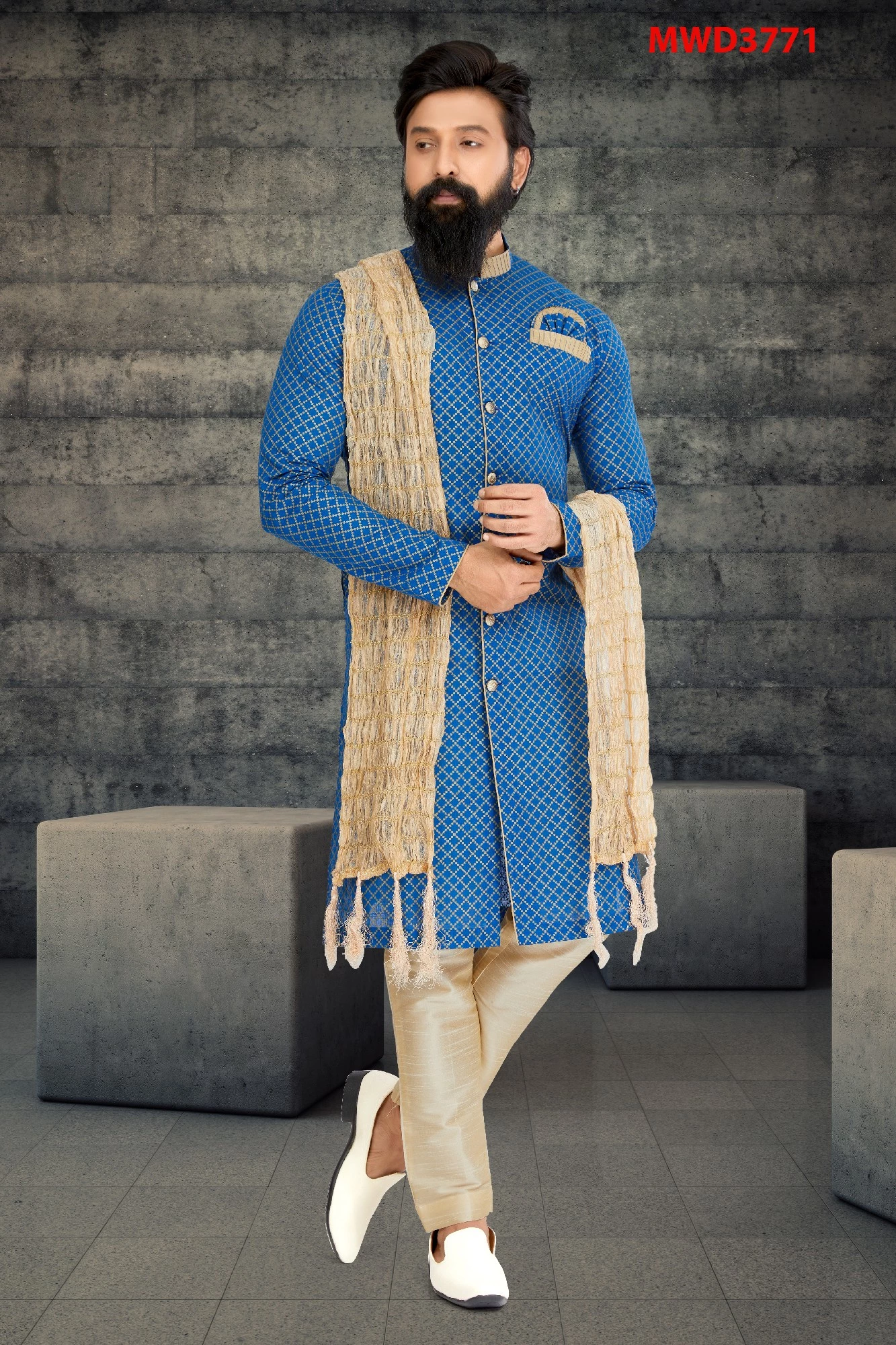 Blue Printed Indo Western Sherwani, 36-1.webp